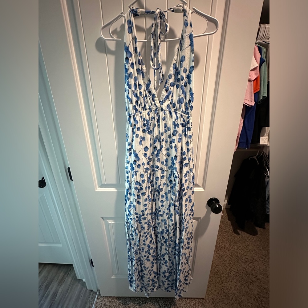 White and blue leaf full length halter dress